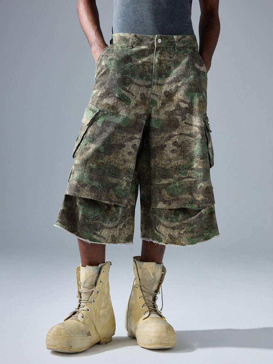 NEON BLANC Men's Streetwear Fashion Denim Wide Leg Camouflage Embroidered Pocket 3/4 Pants, School - Army Green - View 1