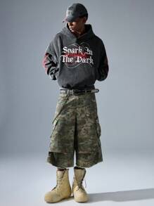 NEON BLANC Men's Streetwear Fashion Denim Wide Leg Camouflage Embroidered Pocket 3/4 Pants, School - Army Green - View 5