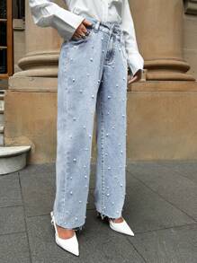 Forever 21 Women's Fashion Pearl Embellished Asymmetric Waist Denim Jeans