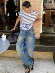 Livesso Camiseta De Cuello Redondo A Rayas Con Hombreras Para Ocasiones Casuales De Verano - Blanco y Negro - Ver 6