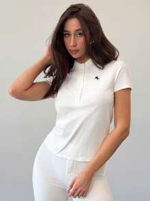 Aloruh Damen Ritter-Muster Polokragen Kurzarm Lässig T-Shirt Abschluss Minimalismus - Weiss - Übersicht 4