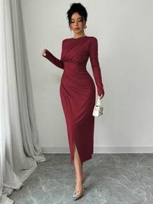 Elenzga Elegantes Damen Unifarben Arbeitskleid, figurbetonter Form, Rundhalsausschnitt, umklappbarem Kragen, Langarm, Bodycon-Stil, Maxikleid für Frühling/Herbst/Winter