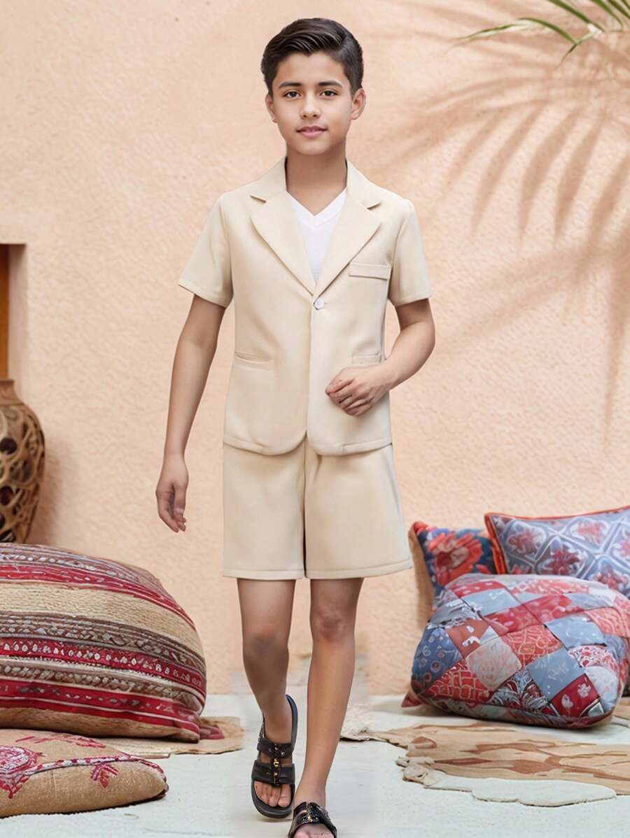 SHEIN 2pcs Tween Boy's Gentleman Suit Set: Short Sleeve Blazer Jacket + Shorts/Trousers, Birthday Party, Wedding, Graduation, Special Occasions - Apricot - View 1