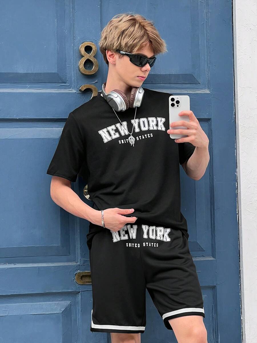 SHEIN Leap Crew Teen Boy Casual English Print Short Sleeve T-Shirt With Patchwork Woven Belt Shorts 2pcs Outfit Set - Black - View 1