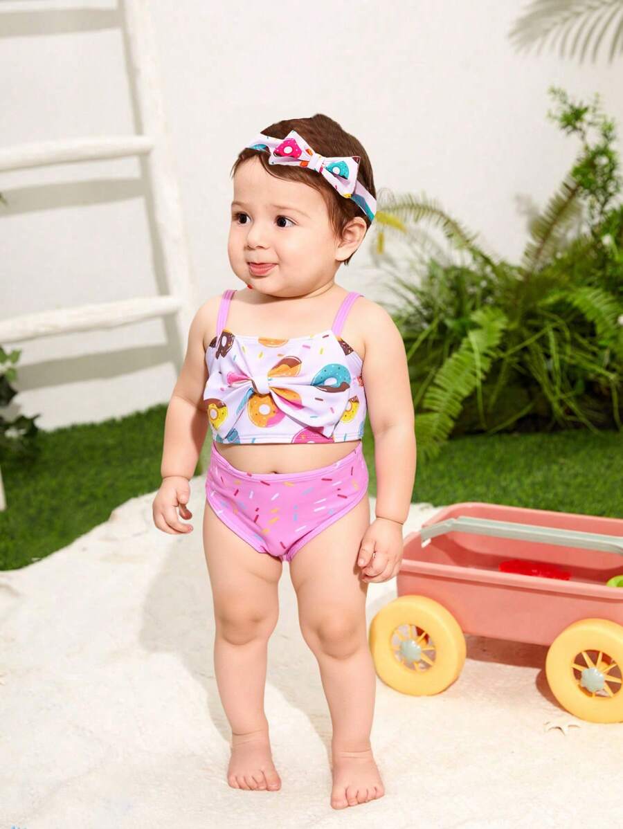3 件装女婴可爱甜甜圈印花蝴蝶结比基尼套装（带头带）、泳衣