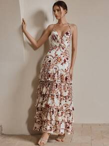 Anewsta Elegant Waterfall Ruffle V-Neck Spaghetti Strap Floral Retro Print Layered Dress, Backless, Suitable For Vacation, Beach, Festival, Summer Outfit For Women