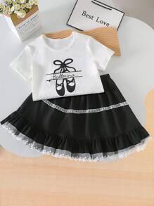Tween Girls Casual Sweet Round Neck Short Sleeve Letter Print Cropped T-Shirt And High Waist A-Line Lace Trim Skirt Set, Summer