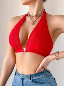Women's Solid Color Halter Neck Sexy Lace Splice Front Clasp Bra Bridallingerie - Red - View 3
