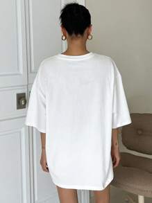 DAZY Camiseta de hombros caídos con estampado de letra, camiseta holgada - Blanco - Ver 2