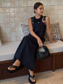 DAZY 1 Stück Damen Midi-Kleid mit verstellbaren Trägern und einfarbigem Design, Sommerkleid, Herbstmode