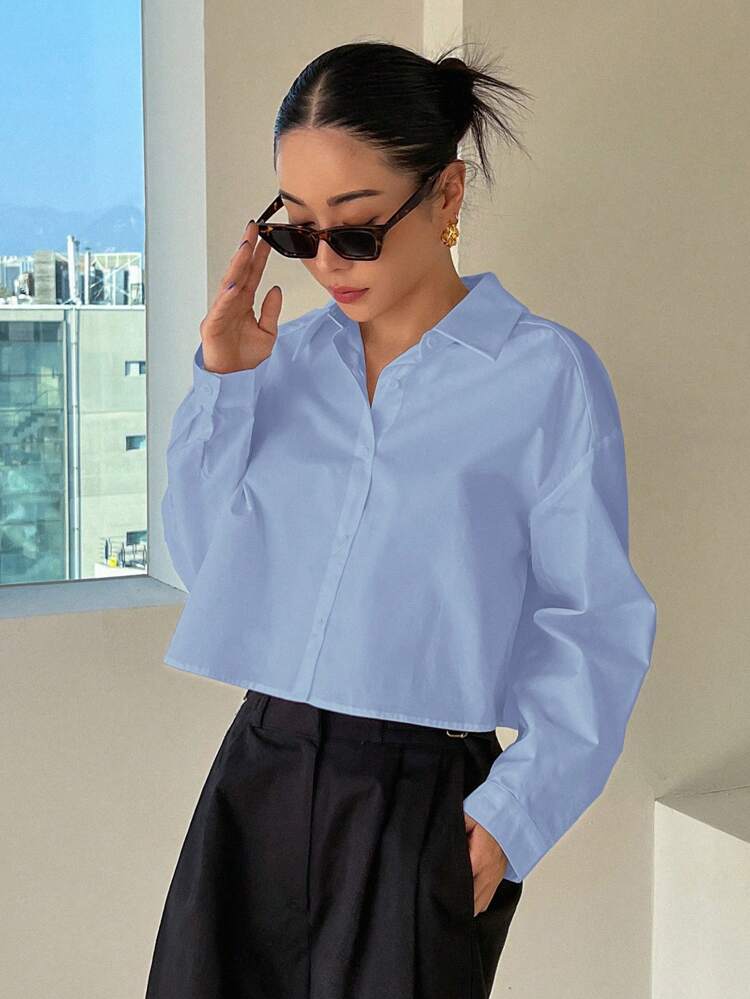 Solid Color Turn-Down Collar Crop Women Long-Sleeved Shirt Long Sleeve Top