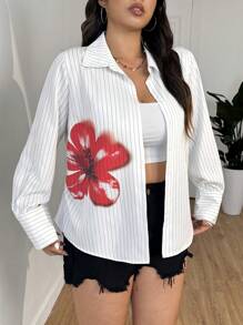 SHEIN EZwear 浪漫休闲罗纹花卉印花前扣腰收腰白色长袖衬衫，春夏 - 白色 - 查看 5