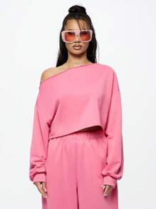 SUMWON WOMEN Off Shoulder Cropped Sweatshirt Oversized Loungewear Athleisure Casual Long Sleeve Top Fall Winter Fashion Streetwear Cozy Sporty Athletic Workout Apparel - Pink - View 1