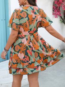 Breezaya Plus Allover Print Ruffle Hem Belted Dress For New Year Clothes