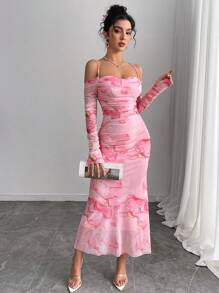 Elenzga Plus Size Women Pink Floral Print Mesh Ruffle Off Shoulder Bodycon Long Sleeve Dress - Pink - View 3