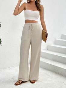 SHEIN Frenchy Quần nữ vải lanh trơn màu, ống rộng, có túi, kiểu dáng công sở, phong cách cổ điển, quần vải lanh rộng thùng thình mùa hè, quần đi biển, quần nữ đi nghỉ mát, quần nữ mùa đông, quần thường ngày mùa xuân, quần đi nghỉ dưỡng - Màu be - Xem 5