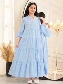 SHEIN Tween Girl Loose V-Neck Layered Textured 3/4 Sleeve A-Line Dress - Baby Blue - View 3