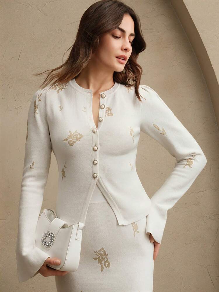 Women's Elegant Knitted Shiny Floral Cardigan, Suitable For Spring, Wedding Guest Dress, Graduation Dress, Modest