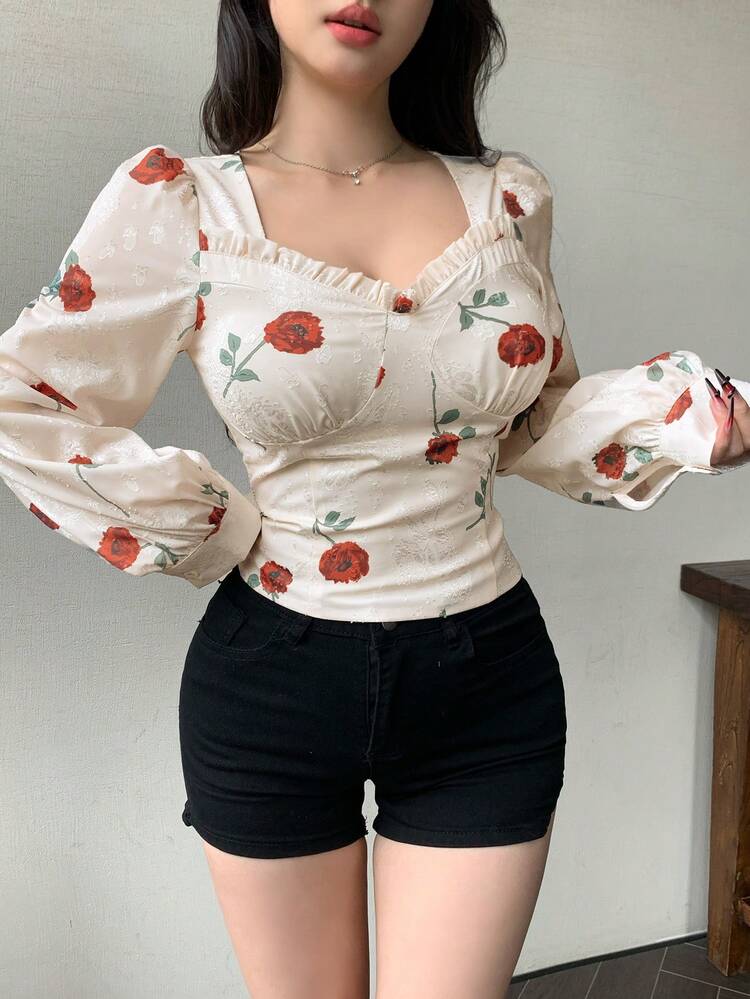 Floral Print Long Sleeve Form-Fitting Women's Shirt, Casual & Vacation Style, Summer