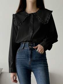 DAZY Camisa de manga larga con cuello Peter Pan, de corte holgado y unicolor, estilo casual de negocios, ropa de otoño - Negro - Ver 4