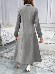 SHEIN Clasi 休闲人字纹粗花呢双排扣大衣，秋冬季女士面料 - 灰色 - 查看 2