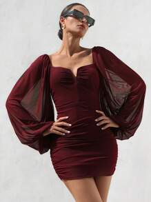 SHEIN Privé Elegant Chiffon Ruched Bodycon Dress With Unique Neckline Design, Long Sleeve Mini Dress For Women