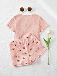 Cozy Pixies 2 件装女婴刺绣花朵和蜜蜂图案针织柔软圆领短袖上衣配松紧腰短裤套装
