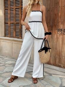 Chiquease Ensemble élégant de 2 pièces pour femmes - Top à fines bretelles avec patchwork à rayures ondulées et pantalon casual taille haute - Noir et Blanc - Voir 6