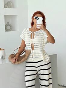 SHEIN Frenchy Đầm babydoll thường ngày cỡ lớn đi nghỉ dưỡng kèm áo len cardigan buộc cổ - trắng - Xem 4