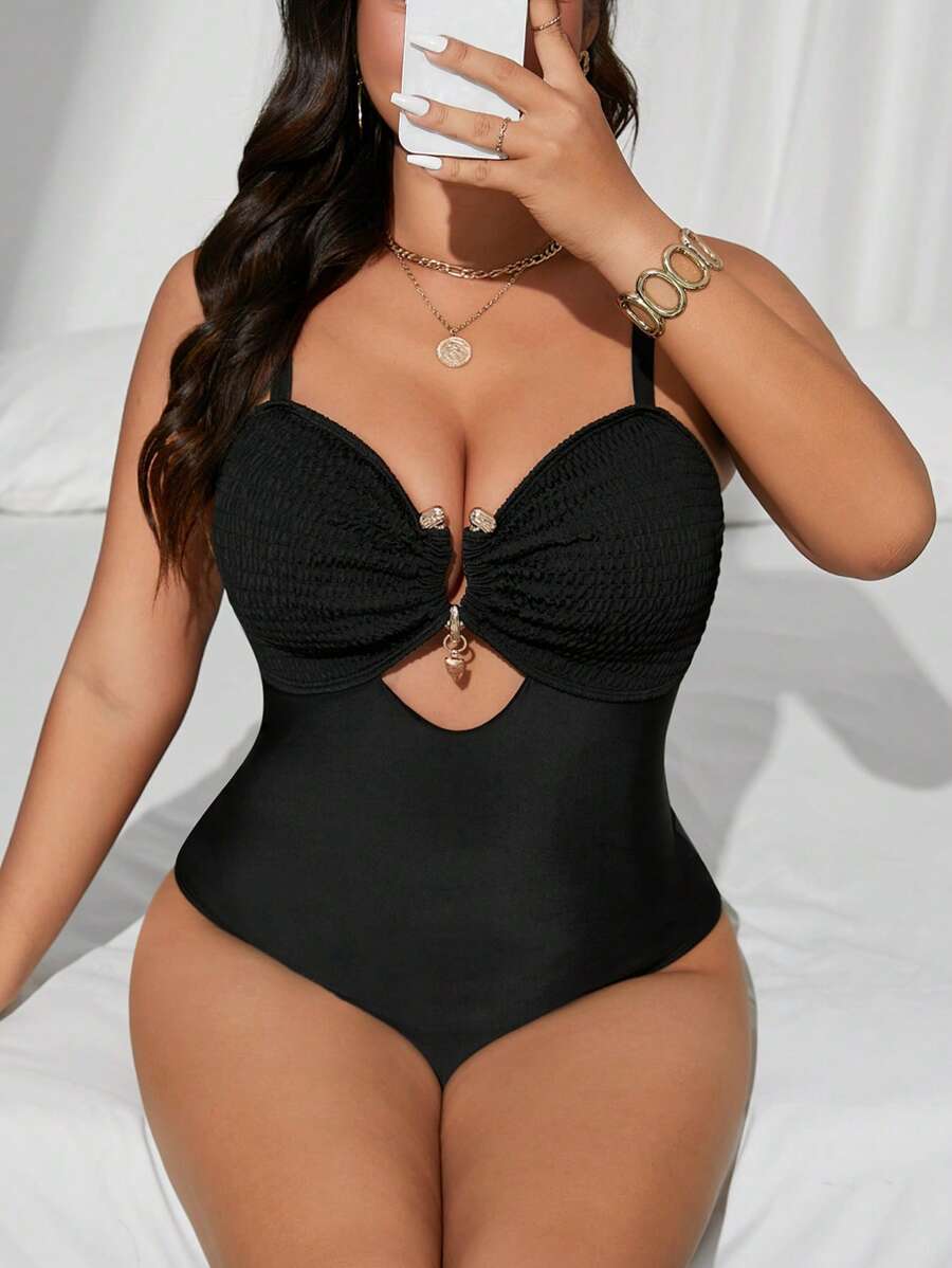 SHEIN Swim Curve Plus Size Women One-Piece V-Neck Solid Color Knit Fabric Ruched Front Metal Decor Spaghetti Strap Open Back Sexy Swimsuit - Black - View 1
