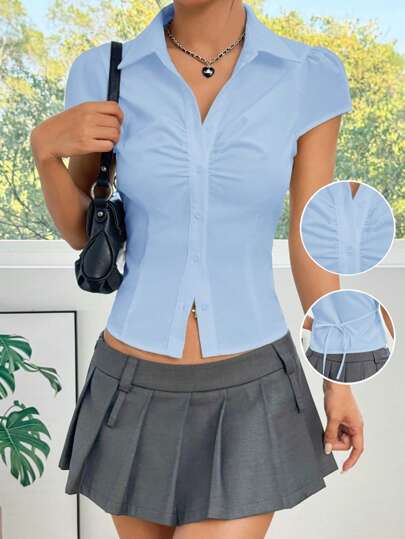 SHEIN EZwear Blue Woven Ruched Bust Tie Waist Fitted Short Sleeve Shirt