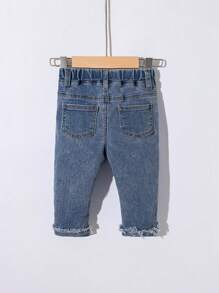 SHEIN Vaqueros azules desgastados y rotos con parches decorativos suaves para bebés, ropa de primavera/verano para bebés - Lavado ligero - Ver 2