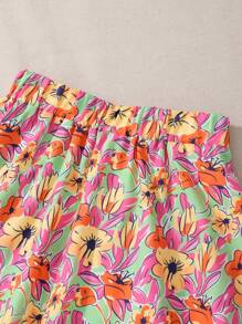 少女白色露肩短袖花卉印花裙套装