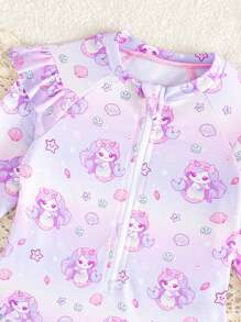 SHEIN Baby Girl Cute Gradient  Mermaid Print Ruffled  Long Sleeve One Piece Swimsuit,Baby Bathing Suit  With Headband,Zip Front Swimsuit,Easy To Put On And Take Off