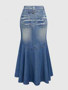 ROMWE Kawaii 复古 Y2K 破洞牛仔长裙 - 藍色 - 查看 2