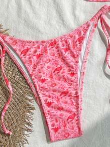 Swim Mod Random Shell Golden Decor Spaghetti Strap Wireless Top And Swim Briefs, Women Summer Beach Vacation 2Pcs Swimwear Set - Pink - View 4