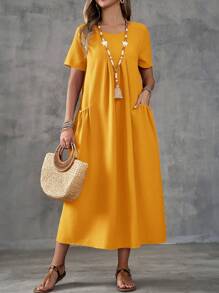 EMERY ROSE Women's Solid Color Short Sleeve Round Neck Midi Dress - Yellow - View 6
