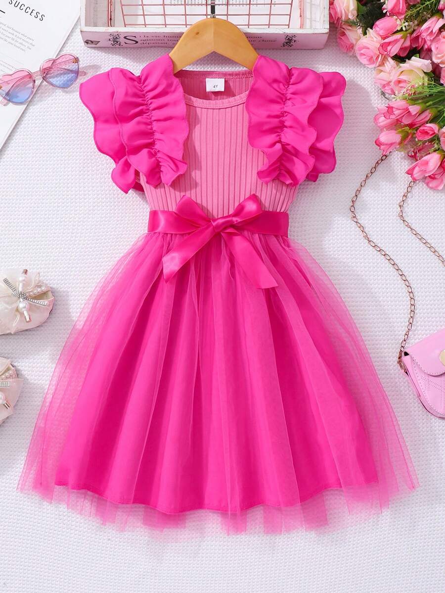 Glamorique Kids Young Girl Cap Sleeve Textured Mesh Round Neck Summer Princess Casual Dress With Belt Summer Holiday