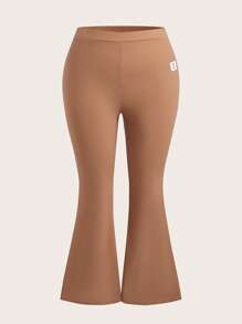 Comfortcana Women Plus Size Letter Embroidered Flare Casual Pants - Camel - View 1