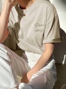 Off-The-Shoulder T-Shirt With Embroidered Lettering, Preppy Summer Style - Khaki - View 6