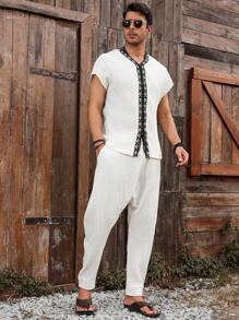 Genlund Conjunto de camisa y pantalones casuales con estampado geométrico de retazos para hombre - Beis - Ver 5