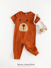 Cozy Pixies Baby Boy 3D Ears Cartoon Bear Pattern Knitted Soft Crewneck Short Sleeve Jumpsuit