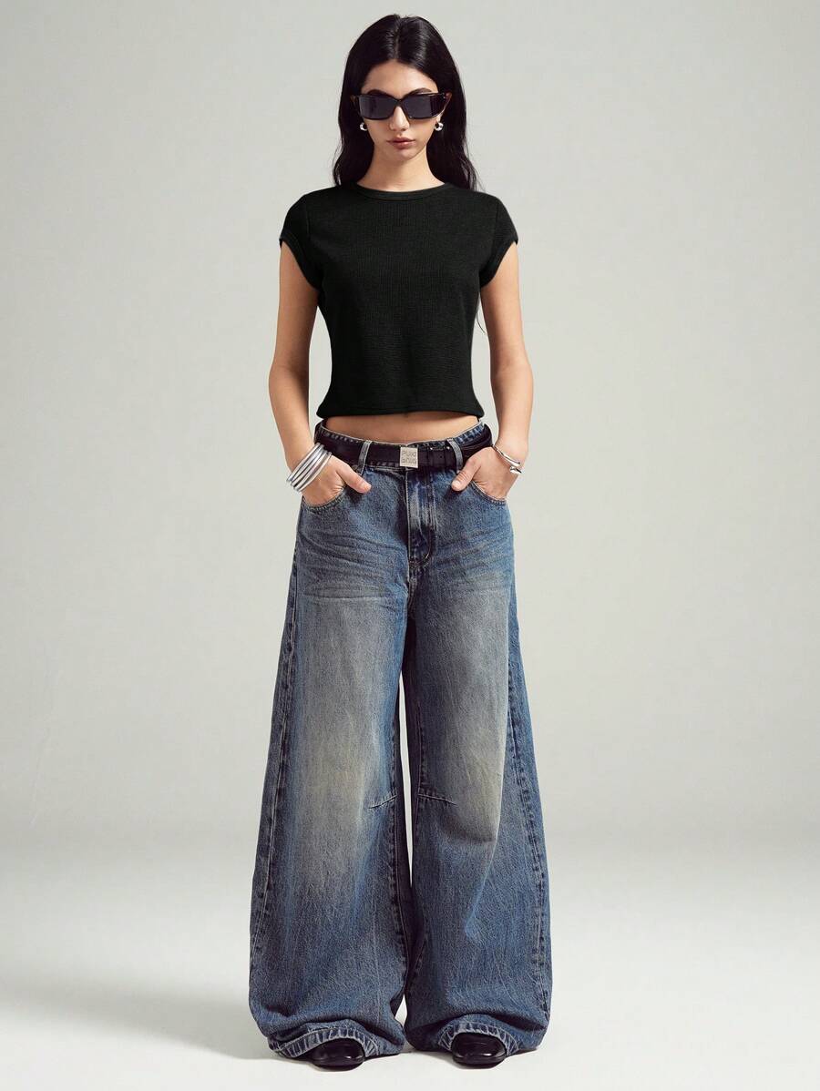 LYSMO 男女通用宽松版型褪色灰色 T 恤 - 2025 年春夏假期新品 - 黑色 - 查看 1