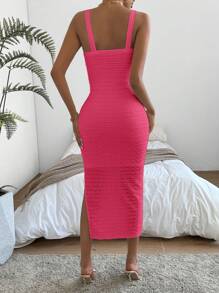 SHEIN Privé 女士无袖开衩下摆纹理面料连衣裙 - 玫紅色 - 查看 2