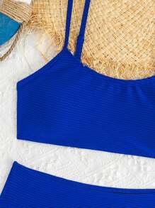 Teen Girls' Basic Style Specialty Fabric Striped Tankini Swimwear Set - Blue - View 8