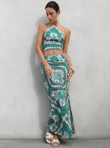 Aveloria Modichic Conjunto de top corto acanalado y falda recta de cintura alta extra larga, diseño distintivo y de moda impreso, ideal para vacaciones