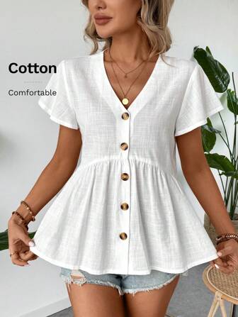 SHEIN LUNE Summer Women V-Neck Ruffle Trim Flounce Sleeve Ruched Hem Babydoll Style A-Line Shirt Leisure Vacation Open Front Blouse
