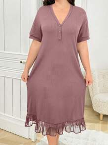 SHEIN Solid Color Lace Trim Ribbed Knit Nightgown - Dusty Pink - View 5