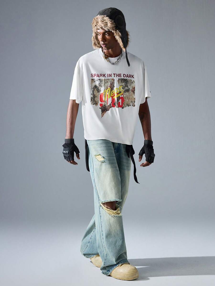 NEON BLANC 男士街头时尚白色针织短袖圆领印花 T 恤 - 白色 - 查看 1