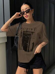 DAZY Women's Loose Fit Short Sleeve T-Shirt With Letter Print Round Neckline ACTIVE Summer,Graphic Tees - Coffee Brown - View 4